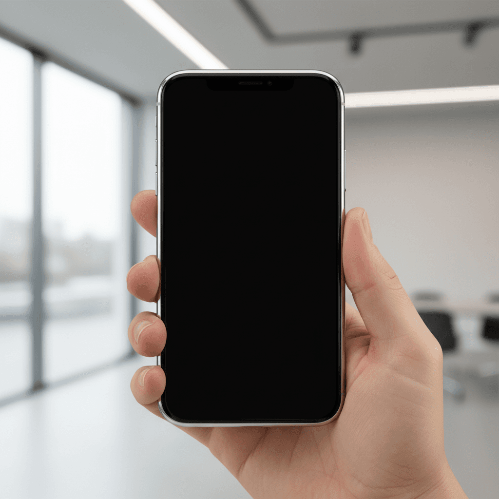 iPhone held in hand showing clean screen and metal frame