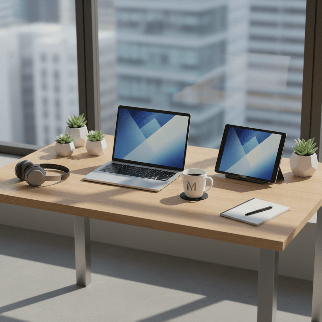 Laptop and tablet arranged on modern desk