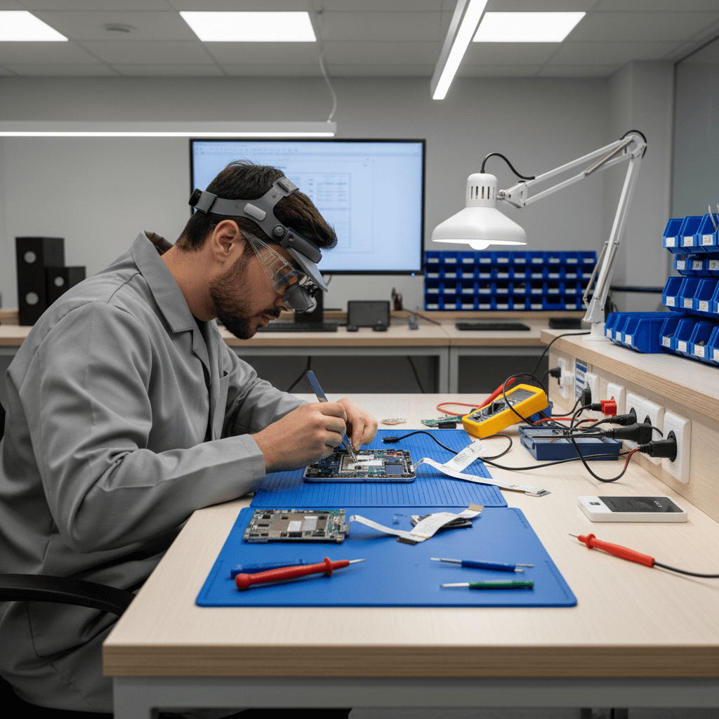 Person inspecting electronic device on workbench