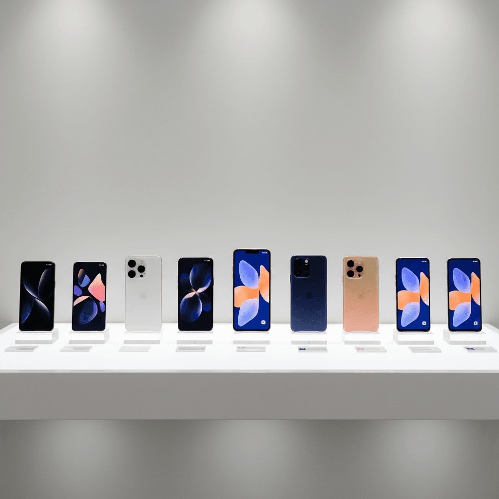 Selection of smartphones lined up on shelf