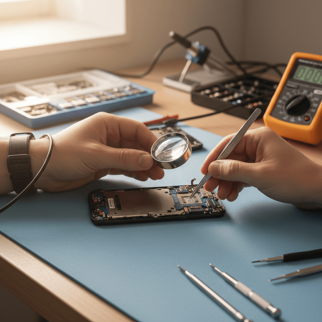 Technician inspecting iPhone on workbench