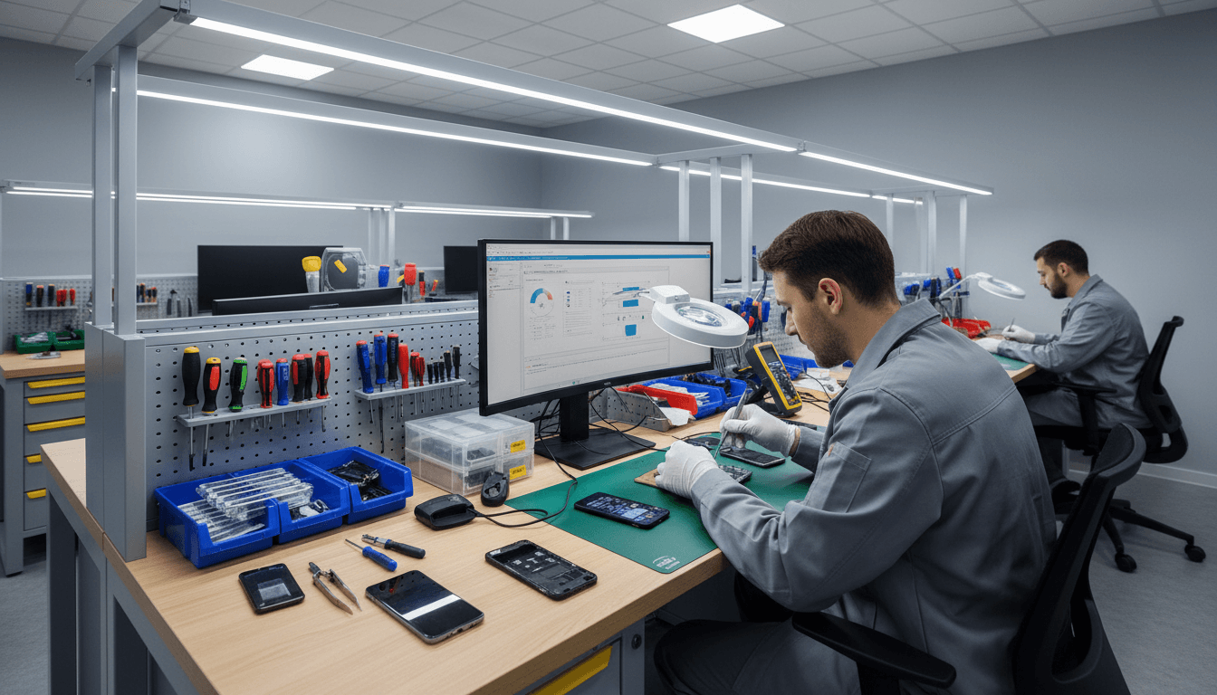 Organised workbench with refurbished tech and accessories in London
