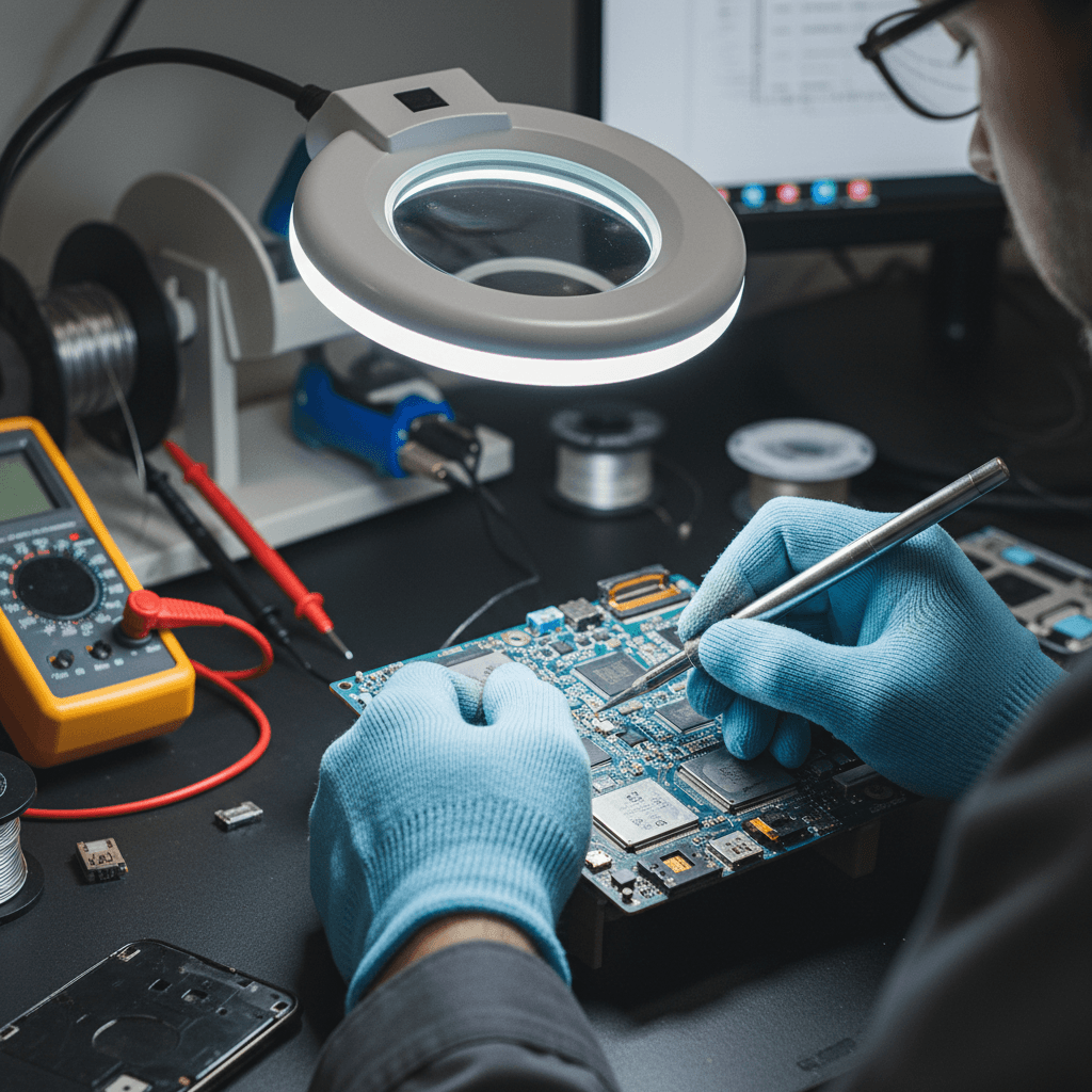 technician inspecting smartphone at workbench