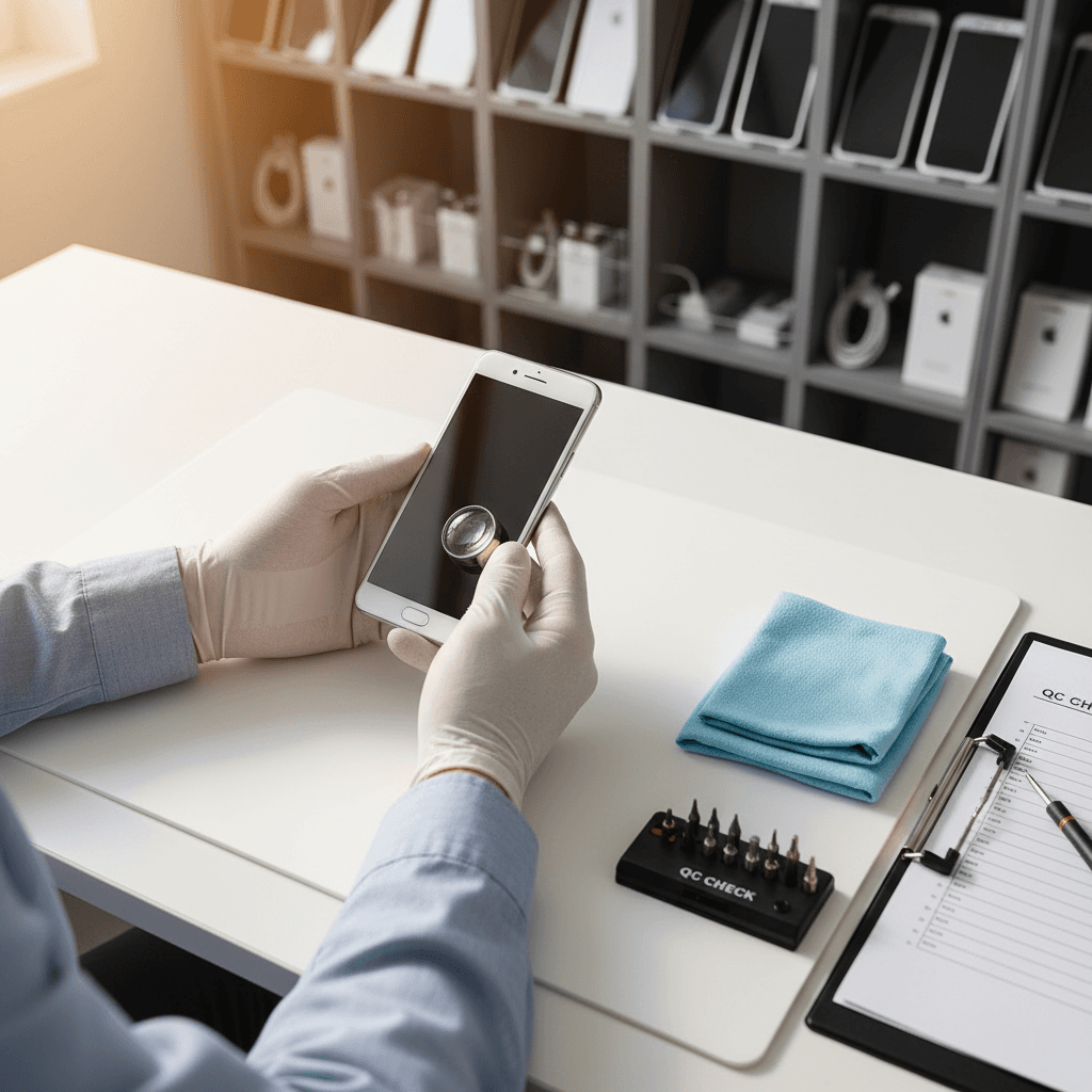 Inspected iPhones lined up on desk, ready for listing in London